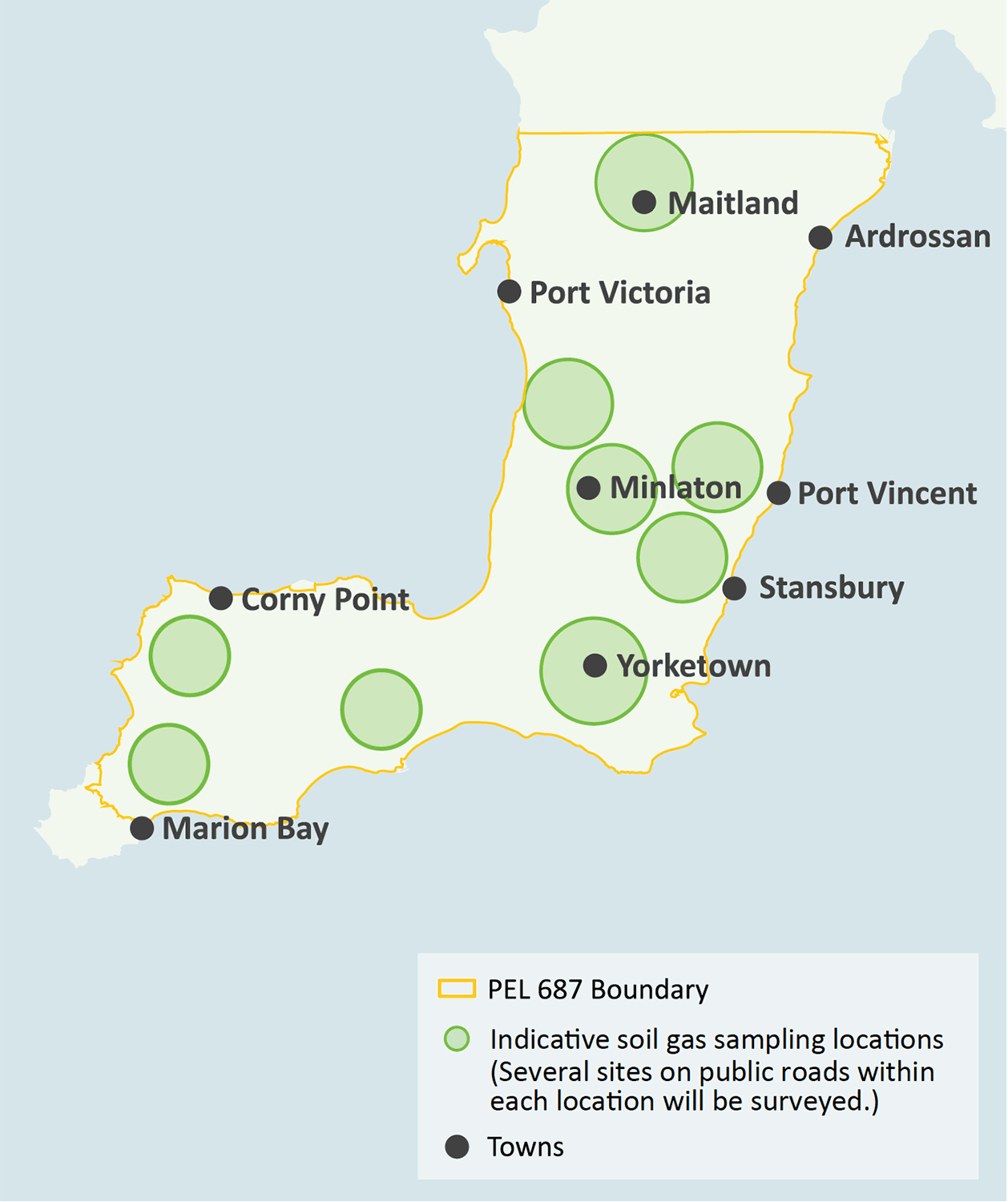 A map indicating nine soil survey locations across Yorke Peninsula.
